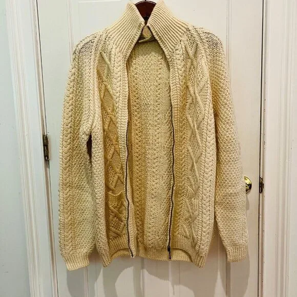 Carraig Donn Zip Up Sweater Cream Aran Cable Knit Fisherman Wool Ireland Heavy - Picture 12 of 16